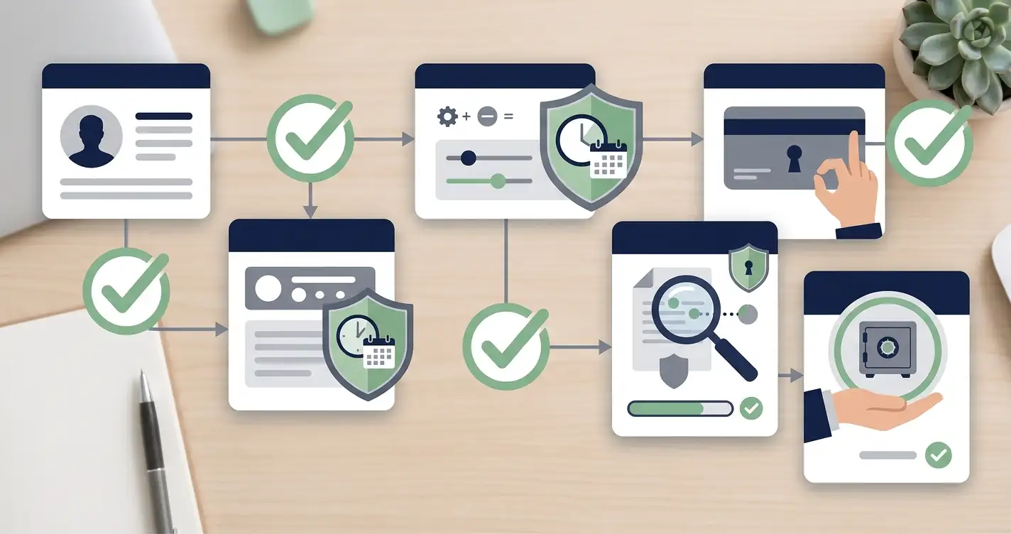 Illustrated registration checklist with account, payment, verification and limit-setting steps